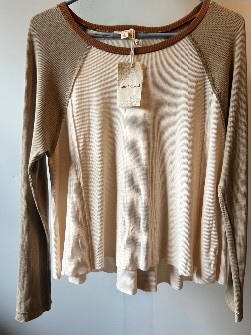 Hem & Thread Two-Tone Cream and Brown Long Sleeve Raglan Top
